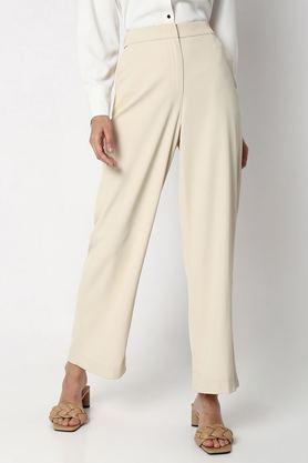 solid polyester straight fit women's trousers - natural
