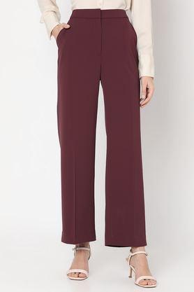solid polyester straight fit women's trousers - purple