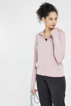 solid polyester stretch hood women's jacket - blush