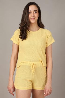 solid polyester stretch regular neck womens top and shorts set - yellow