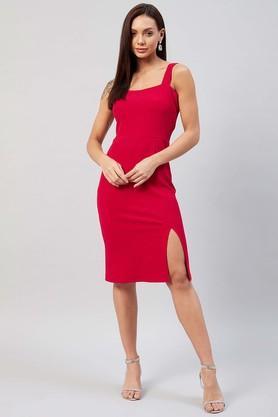solid polyester stretch square neck womens dress - red