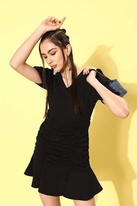 solid polyester stretch v neck womens dress - black