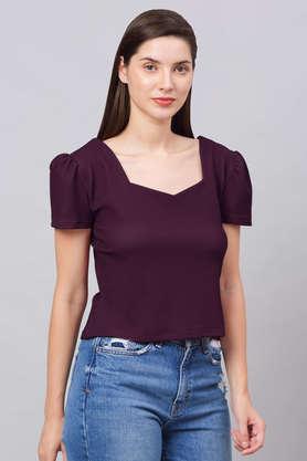 solid polyester sweetheart neck women's top - wine