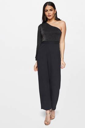 solid polyester tapered fit women's jumpsuit - black