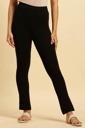 solid polyester tapered fit women's pants - black