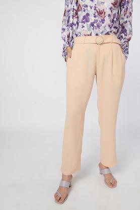 solid polyester tapered fit women's pants - pink