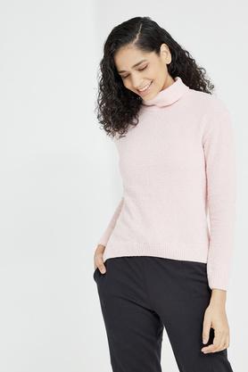 solid polyester turtle neck womens t-shirt - pink