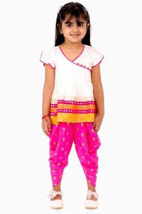 solid polyester v neck girls ethnic set - off white