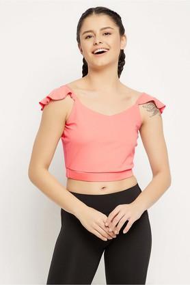 solid polyester v neck women's active wear crop top - peach