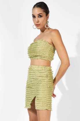 solid polyester v neck women's co-ord set - green