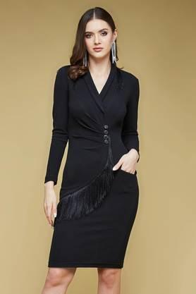 solid polyester v-neck women's dress - black