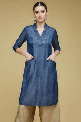 solid polyester v-neck women's fusion wear kurta - blue