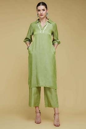 solid polyester v-neck women's fusion wear kurta - green