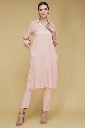 solid polyester v-neck women's fusion wear kurta - peach