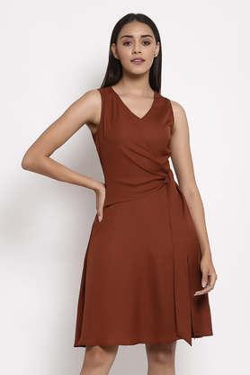 solid polyester v neck women's knee length dress - brown