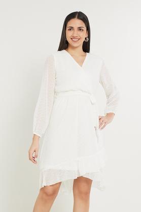 solid polyester v neck women's knee length dress - white