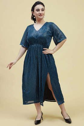 solid polyester v-neck women's midi dress - blue