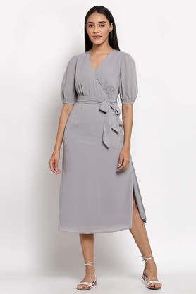 solid polyester v neck women's midi dress - grey