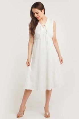 solid polyester v neck women's midi dress - white