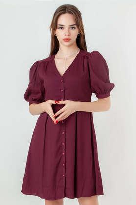 solid polyester v-neck women's mini dress - maroon