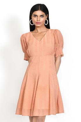 solid polyester v neck women's mini dress - orange