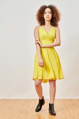 solid polyester v neck women's mini dress - yellow
