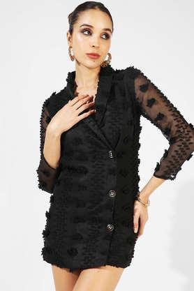 solid polyester v neck women's single-breasted blazer dress - black