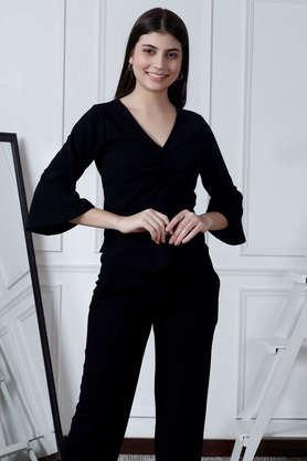 solid polyester v-neck women's top - black