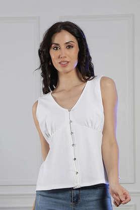 solid polyester v-neck women's top - white