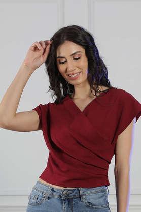 solid polyester v-neck women's top - wine