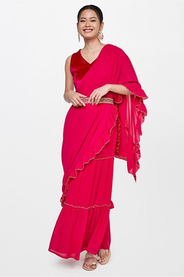 solid polyester v neck womens festive wear saree