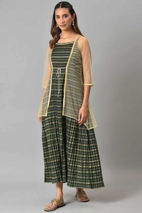 solid polyester v neck womens kurta pant dupatta set - green