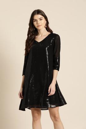 solid polyester v neck womens maxi dress - black