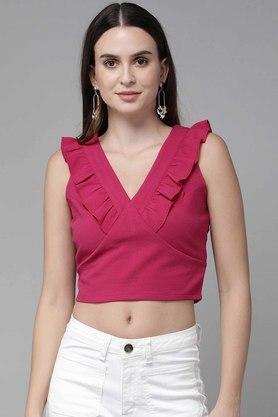 solid polyester v neck womens regular top - magenta