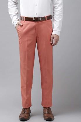 solid polyester viscose regular fit men's casual trousers - peach