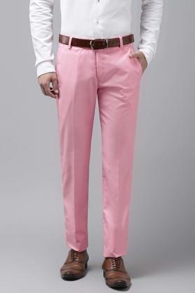 solid polyester viscose regular fit men's casual trousers - pink