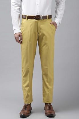 solid polyester viscose regular fit men's casual trousers - yellow