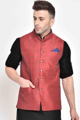 solid polyester viscose regular fit men's occasion wear nehru jacket - red