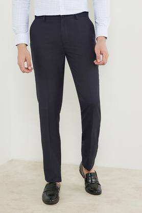 solid polyester viscose slim fit men's formal trousers - navy