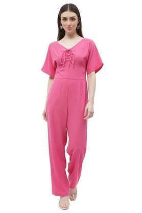 solid polyester women's full length jumpsuit - dark pink
