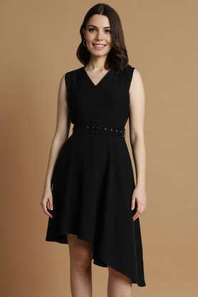 solid polyester women's knee length dress - black