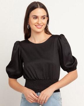 solid puff-sleeve top