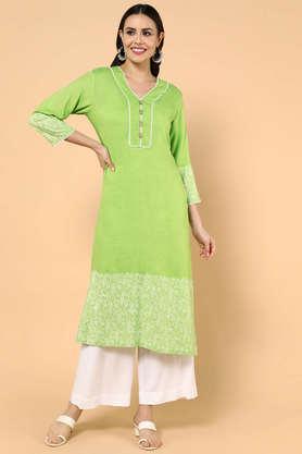 solid pure cotton v neck women's kurta - lime green