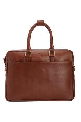 solid pure leather zipper closure men's laptop bag - tan