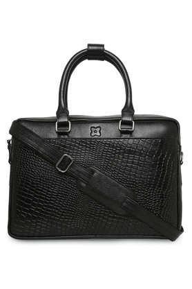solid pure leather zipper closure men's messenger laptop bag - black