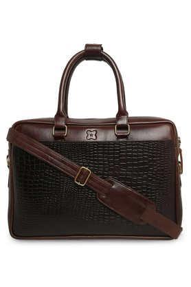 solid pure leather zipper closure men's messenger laptop bag - dark brown