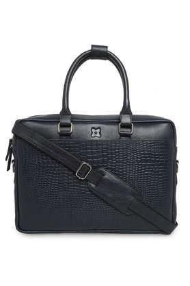 solid pure leather zipper closure men's messenger laptop bag - navy