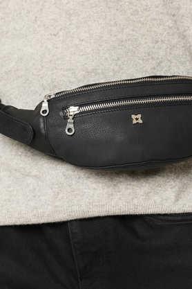 solid pure leather zipper closure men's waist bag - black