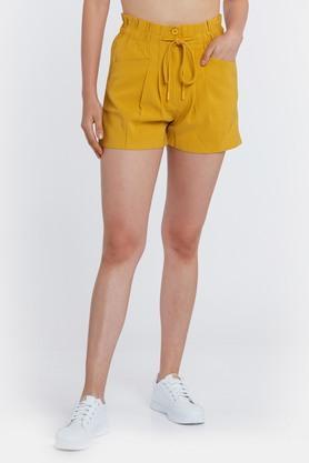 solid rayon blend regular fit women's casual shorts - mustard