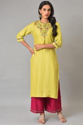 solid rayon blend round neck women's kurta - green